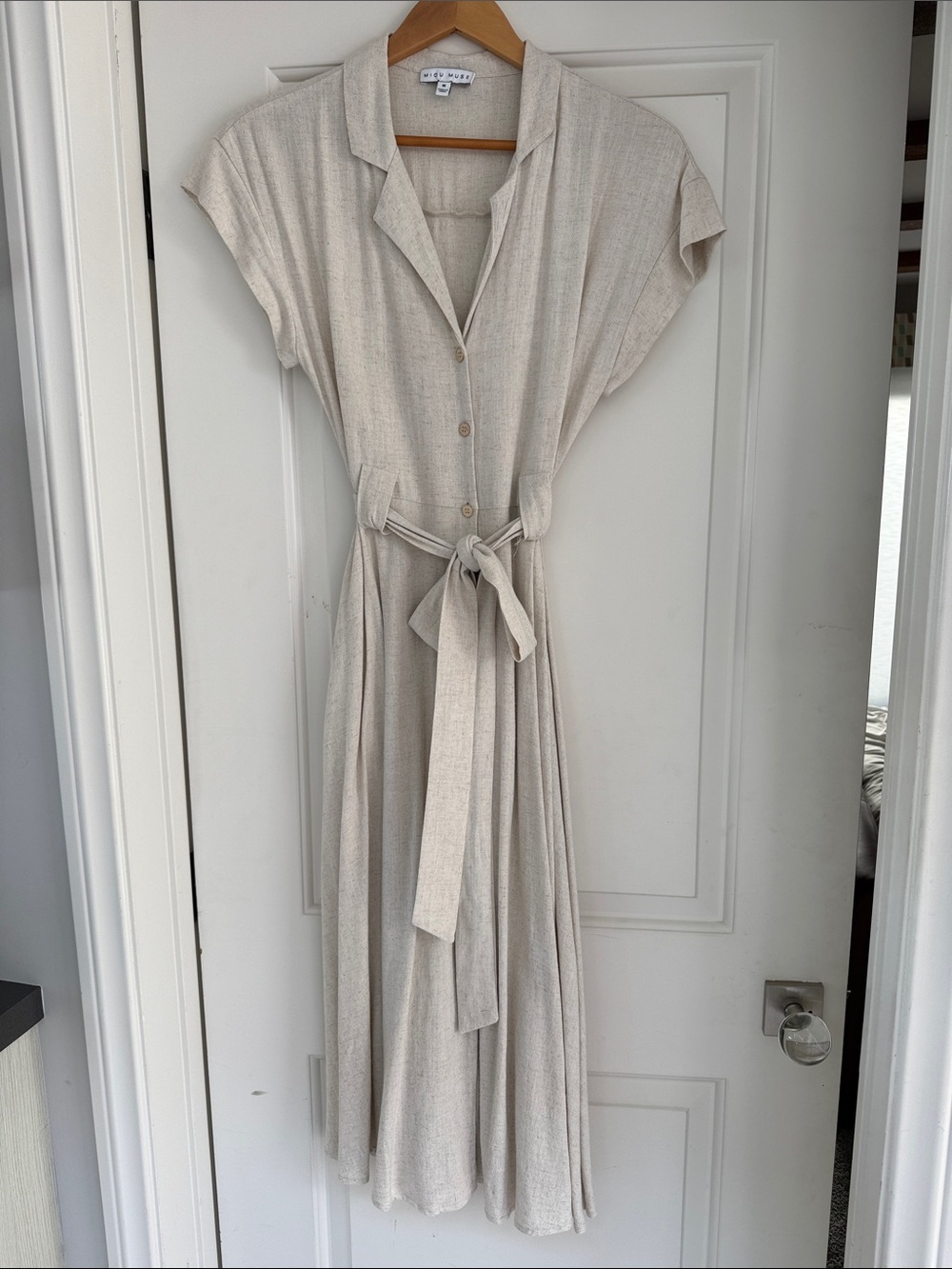 Neutral Cream Linen Button-Front Midi Dress with Tie Waist